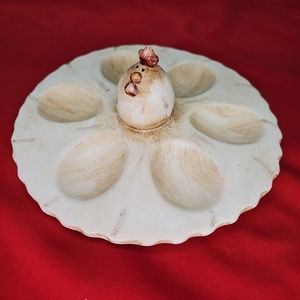 Deviled 6 Egg Tray Serving Easter Platter With Chicken Rooster Beige Round